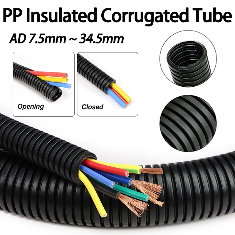3/5/10m Black PP Insulated Corrugated Tube AD 7.5/10/11.6/13/28.5/34.5mm Wire Cable Harness Threading Protect Split Loom Sleeve
