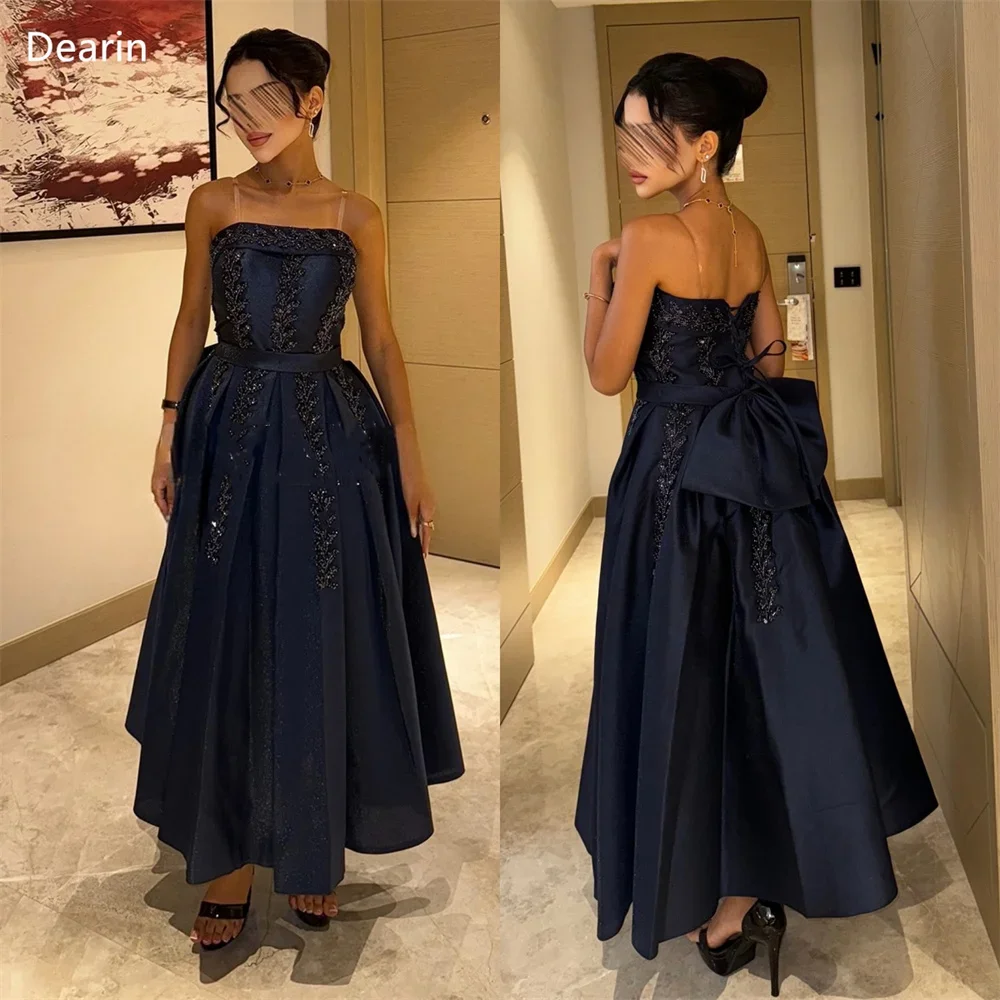 

Customized Women Evening Dress Formal Dearin Strapless A-line Ankle Length Skirts Draped Bows Beading Sleeveless Bespoke Occasio