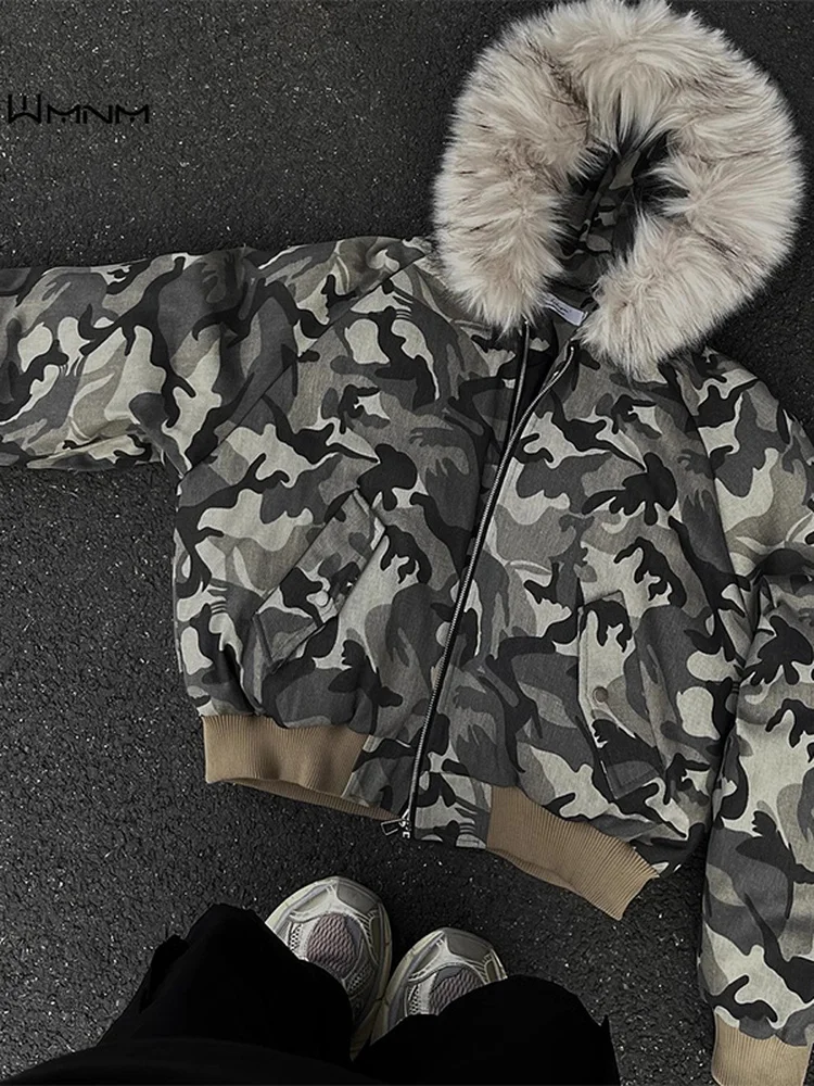 

Warm Camouflage Cotton Jaet with Large Fur Collar for Men Winter American Sle Couple Outerwear Bomber Flight Jaet