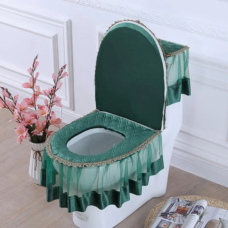 Household 3‑Piece Dust‑proof Toilet Seat Cover Set, All‑Season Universal Lace Fabric Toilet Cushion for Bathroom Decoration