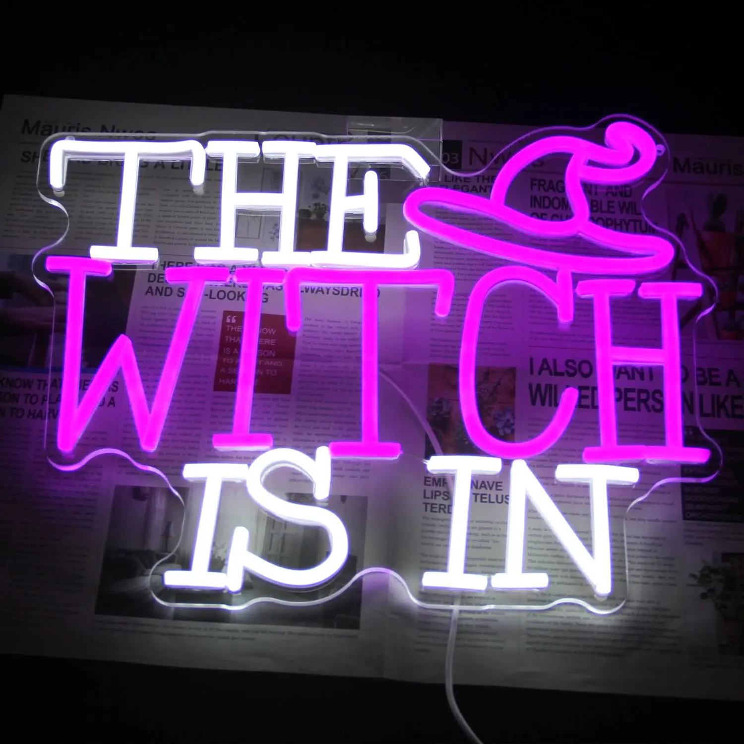 The Witch Is In LED Neon Sign for Wall Decor Halloween Witch Hat Purple Dimmable Gothic Lamp Haunted Mansion House Party