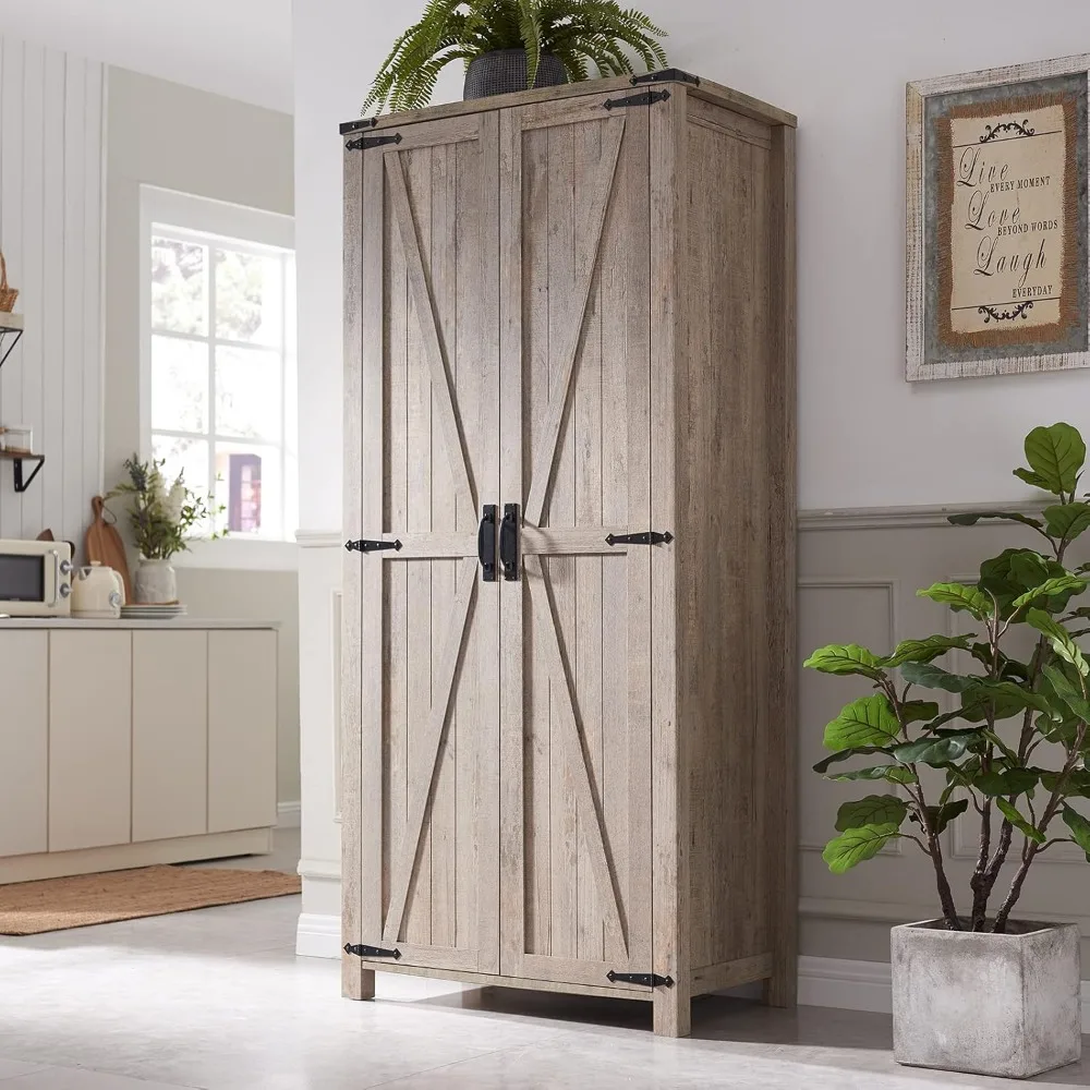 Storage Cabinet, 32'' Farmhouse Armoire w/Adjustable Shelves, Rustic Pantry w/2 Barn Doors & Hanging Rod, Versatile Storage