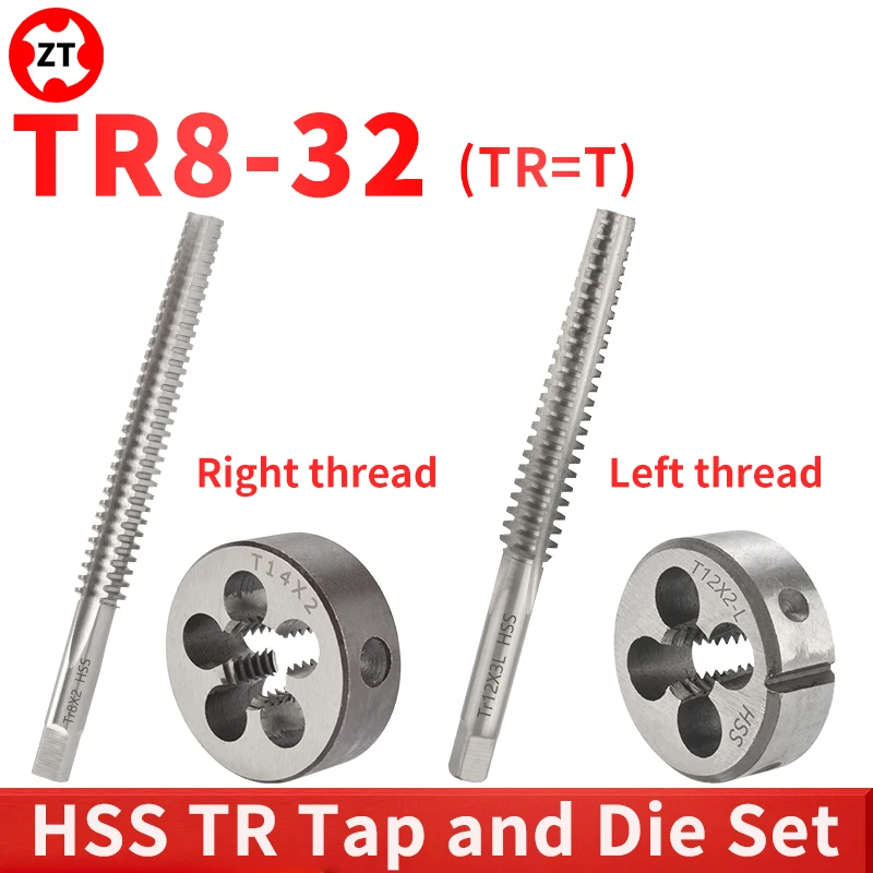 ZUANTONG 1SET Left/Right Trapezoid Taps and Round Die Set TR8 10 12 14 16 18 20 22 24 26 28 30 32X1.5/2/3/4/5/6 T Round Die Tap