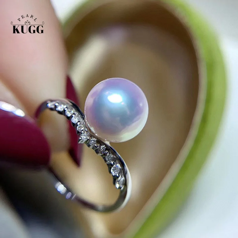 

KUGG PEARL18K White Gold Rings Elegant Style 8-8.5mm Real Natural Akoya Pearl Ring for Women Engagement Shiny Diamond Jewelry