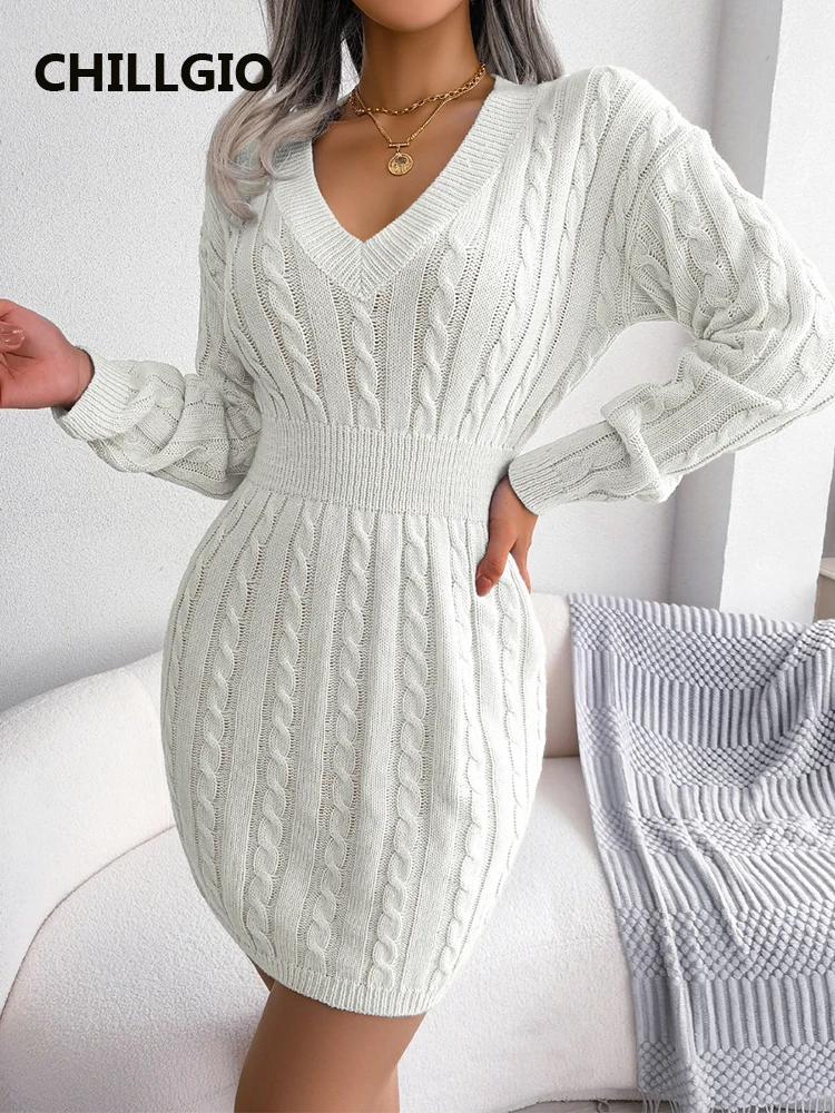 

CHILLGIO Autumn Women Knitted Dress V Neck Casual Fashion Long Sleeves High Waist Pullover Vestidos Solid Warm Knitting Dresses