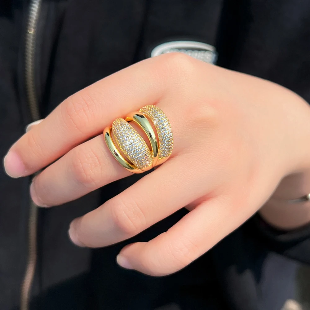 CWWZircons Adjustable Cubic Zirconia Bold Big Statement Ring for Women Luxury Gold Color Bridal Engagement Wedding Jewelry J0129