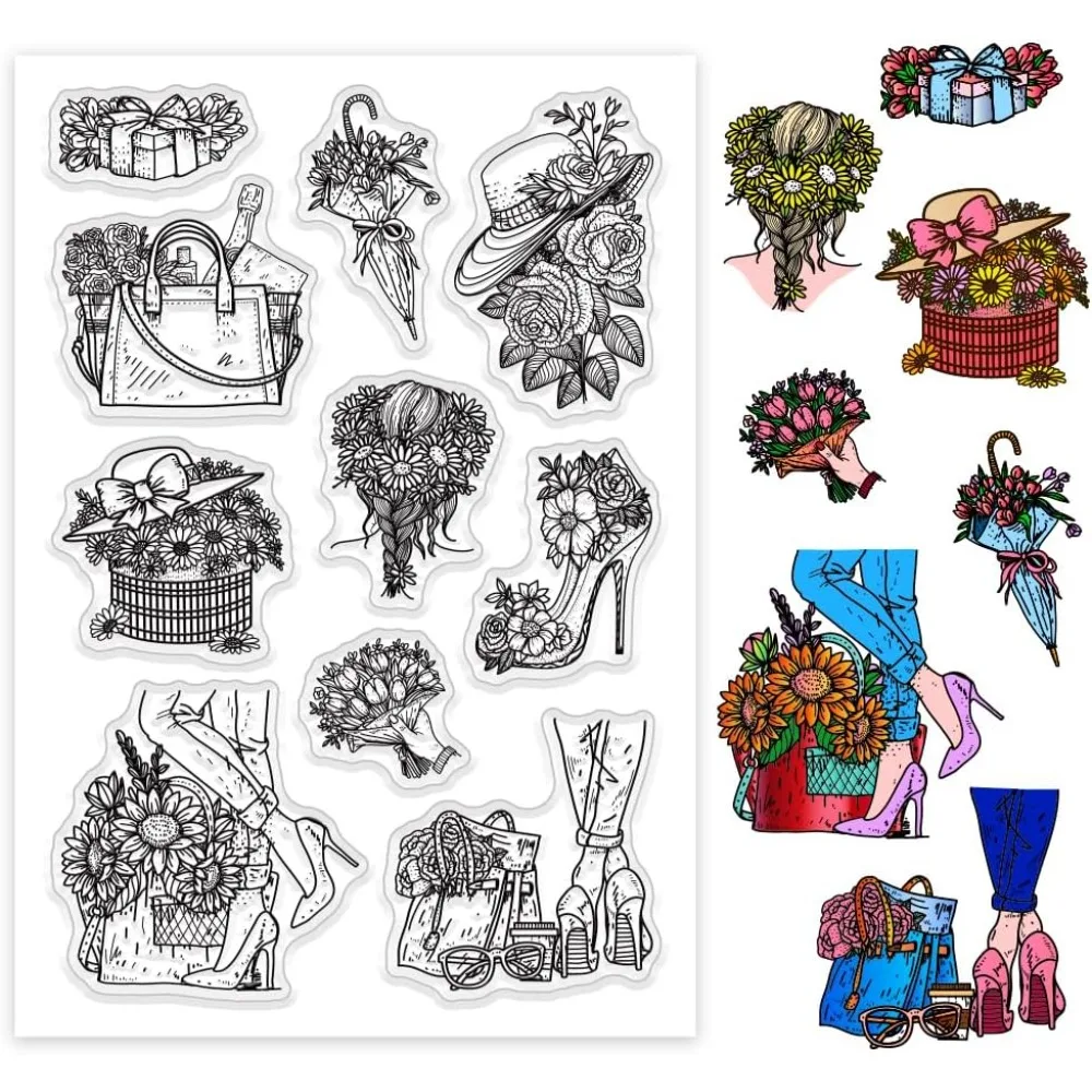 Women's Objects Clear Stamps for Card Making Lady Flower Clear Silicone Stamp Bag Hat Transparent Craft Seal Stamp Making Kit