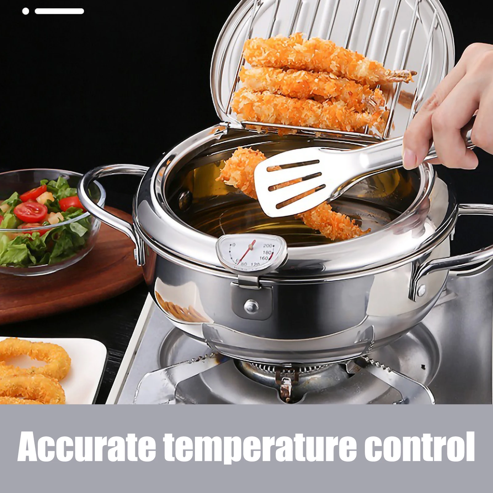 Japanese Deep Frying Pot with Thermometer and Lid 304 Stainless Steel Tempura Fryer Pan 20/24 cm Small Fryer for Kitchen Cooking