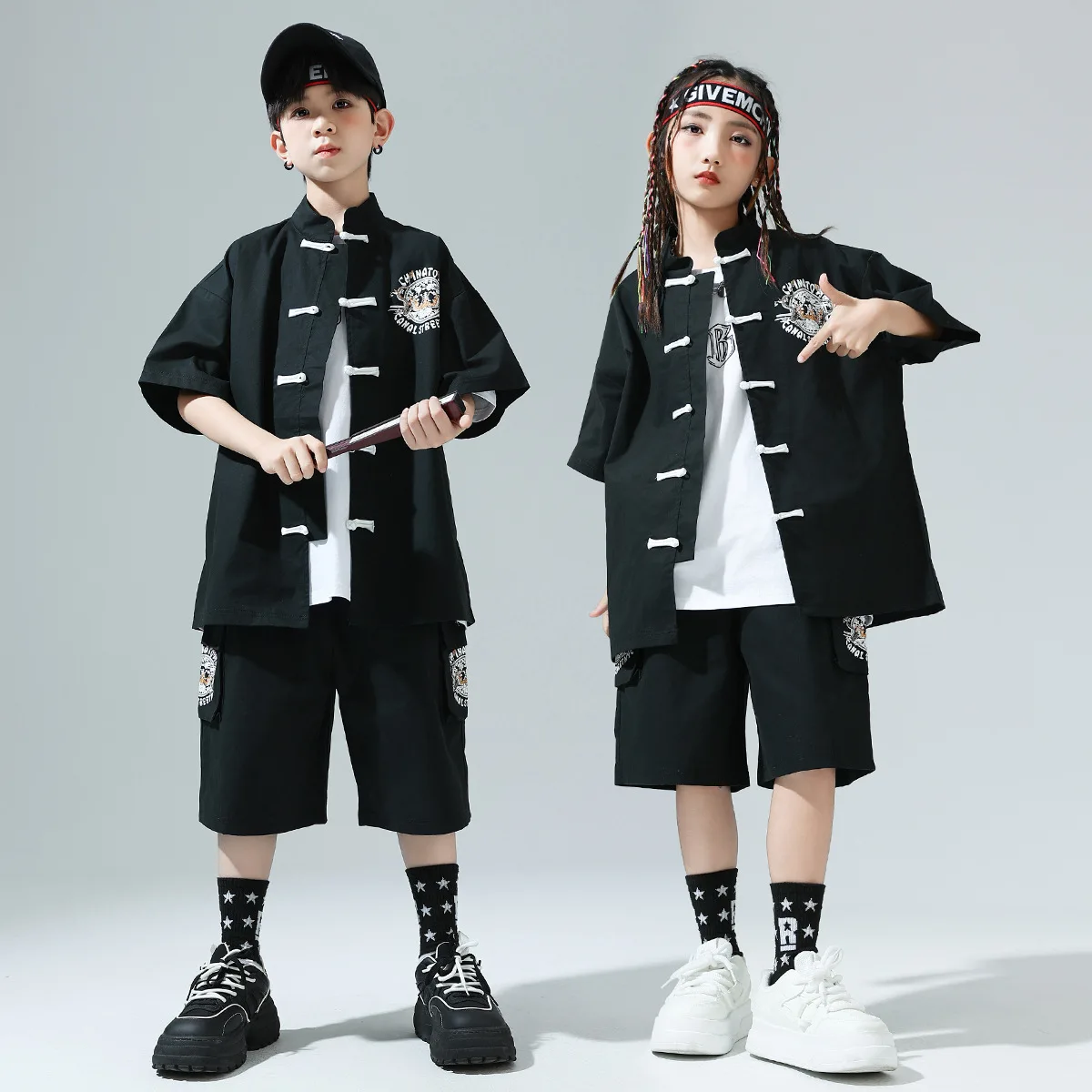 子供 Kpop ヒップホップの服中国風の衣装赤/黒ストリートセットガールズボーイズジャズダンス衣装服