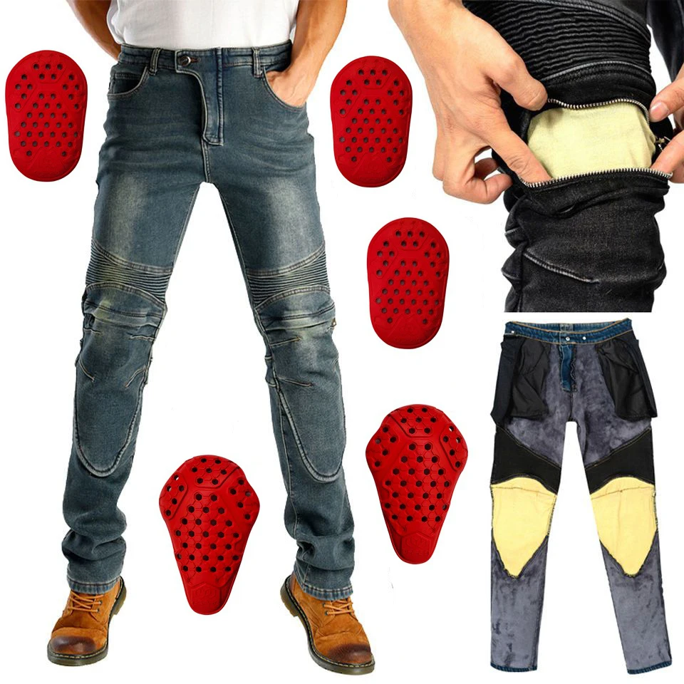 

Men's Winter Motorcycle Jeans Windproof Aramid Motocross Pants with Plus Velvet Lining | Warm Protective Riding Pants for Road O