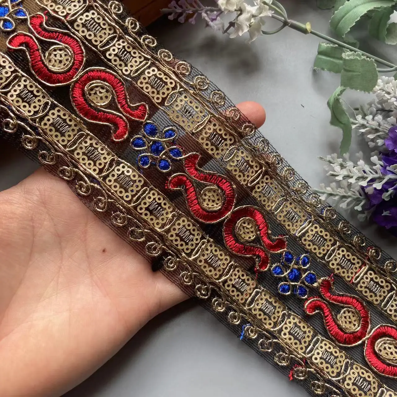 1 Yards 7 CM High Quality Gold Sequin Lace Trim Ribbon Flower Fabric Embroidered Trimmings for Sewing Applique Decorative Swiss