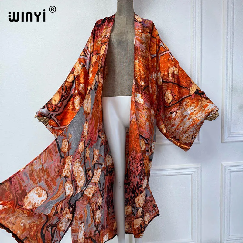 new WINYI Summer print beach cover up Swim Suit elegant Africa women boho Cardigan sexy Holiday long Sleeve Kimono fashion abaya