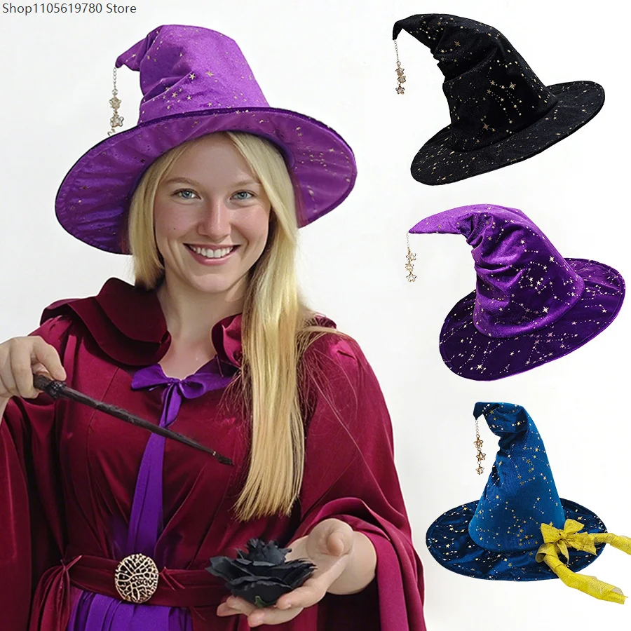 Bow Star Decor Witch Cosplay Hat Wide Brim Wizard Headwear Halloween Masquerade Carnival Costume Accessory Dress‑Up Party Prop