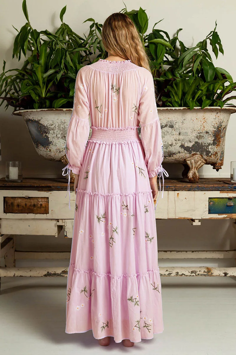 TEELYNN abito Boho floreale con ricamo rosa per donna abiti Casual a maniche lunghe 2023 abiti Vintage larghi a vita alta Boho Robe