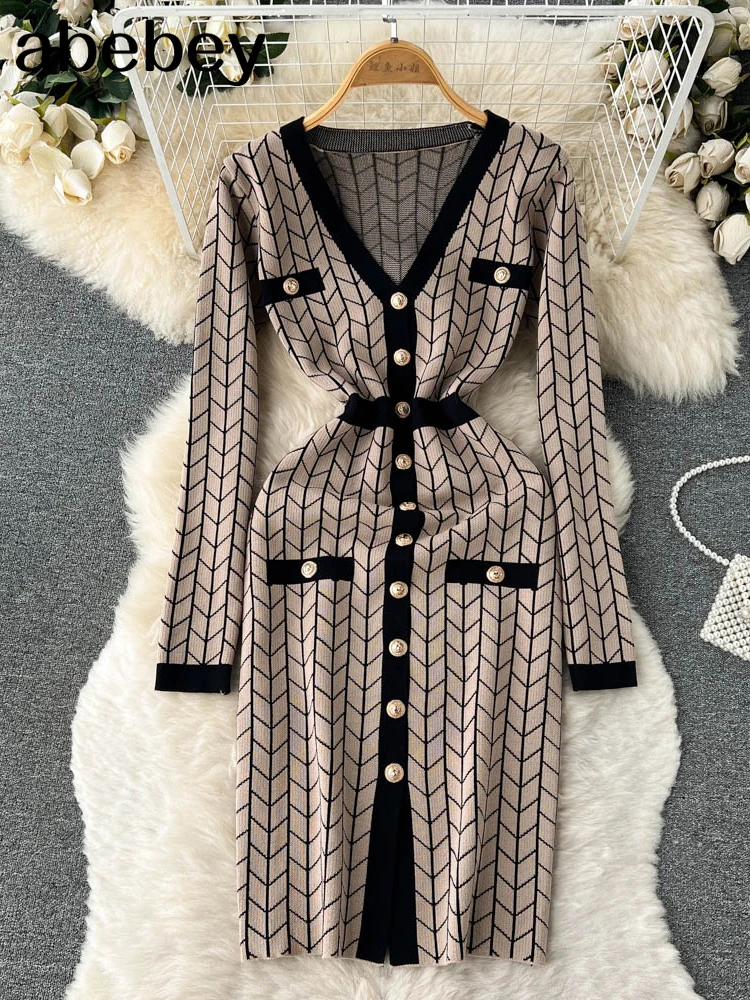 Autumn French Plaid Knitted Dress Women V Neck Sweater Sheath Hight Quality Dress Elastic Waist OL Warm Midi Long Dress