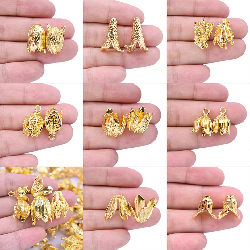 Vintage 10pcs Flower Golden Beads Caps Charms Raw Brass Tulip Lily Hollow Petal Tassel Bead Cones DIY Necklace Earrings Findings