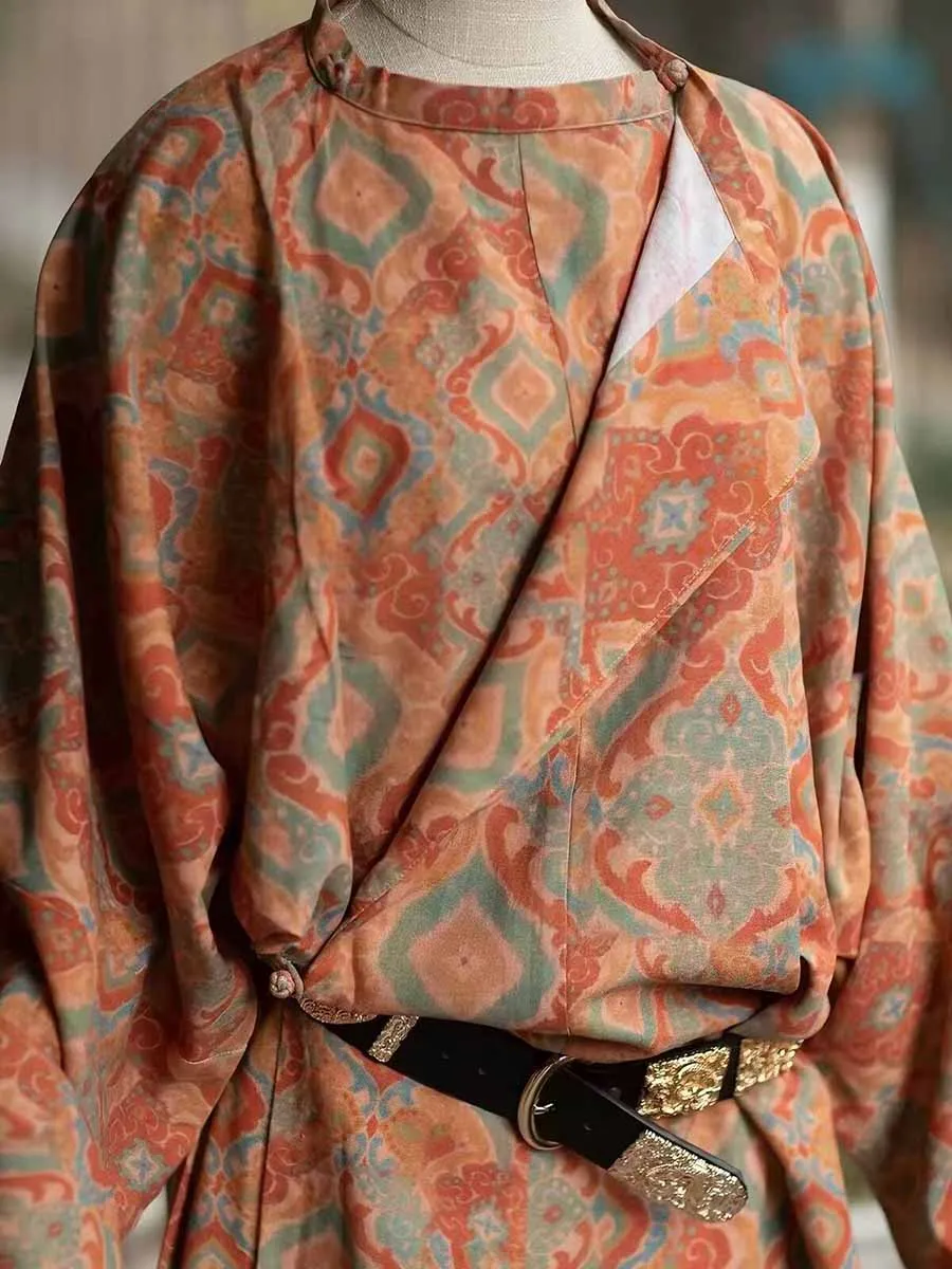 Vintage Orange Geometric Printed Hanfu Robe Women Wrap V Neck Long Sleeve Loose Ancient Chinese Hanfu Robe For Men