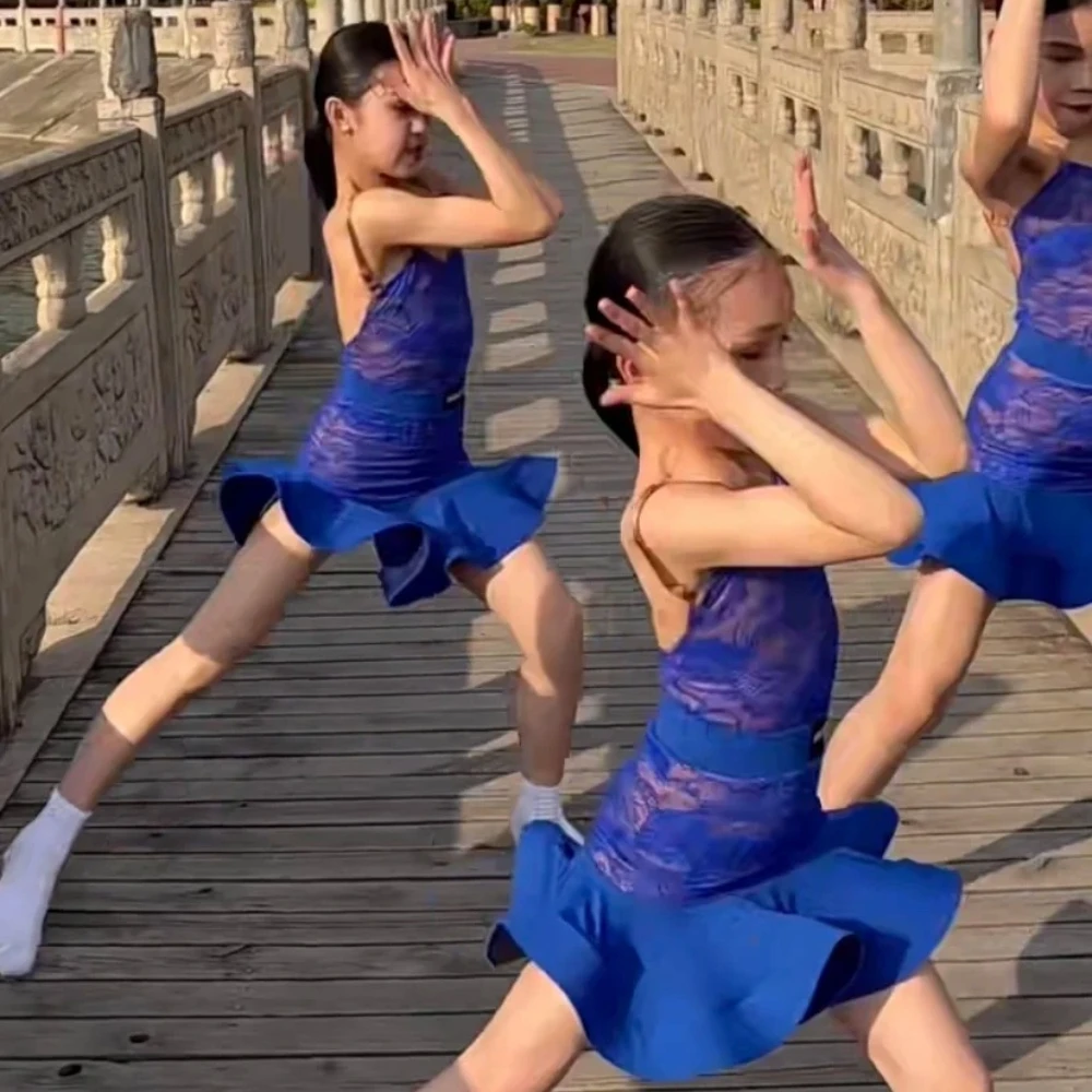 Blue ballroom latin Lace dress girls american dance rumba cha cha samba tango costume competition practice wear kids Top Skirt