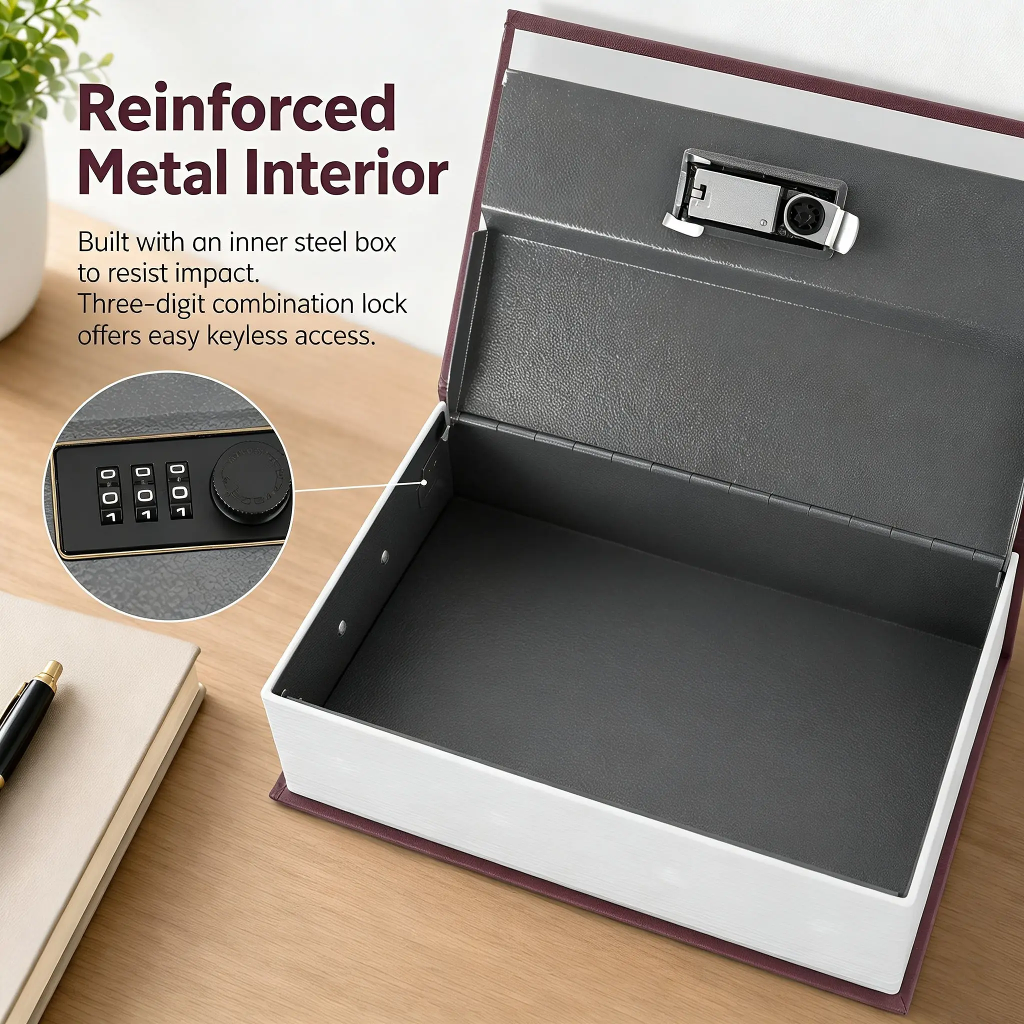 Password Book Safe Metal Box Decorative Fake Book Props Hidden Safe for Home Office Combination Lock Security Box