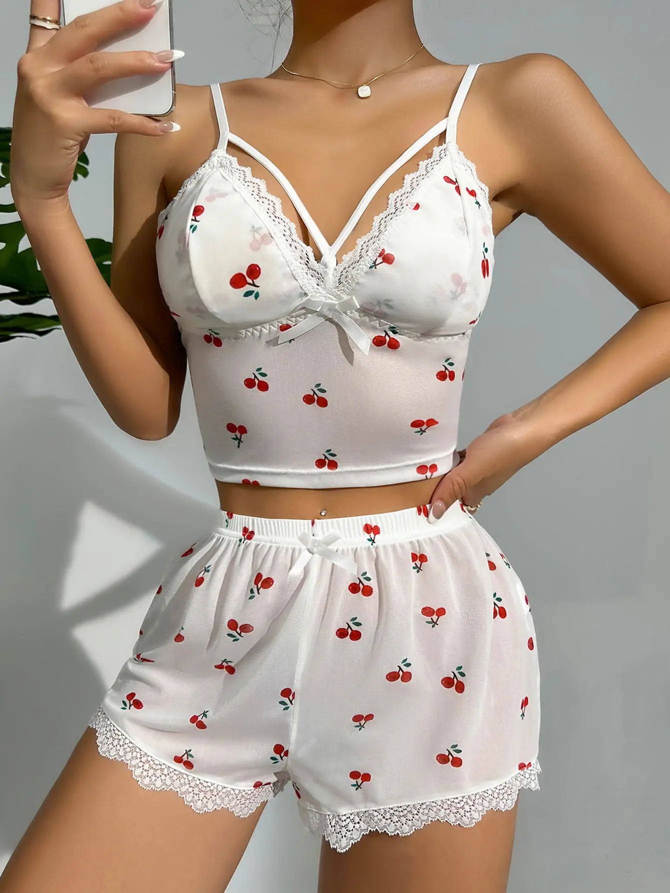 2PCS Cherry Print Sling Deep V BacklessTop White Shorts Set Summer New Women Breathable Sexy Cute Pajama Set Homewear Pajamas