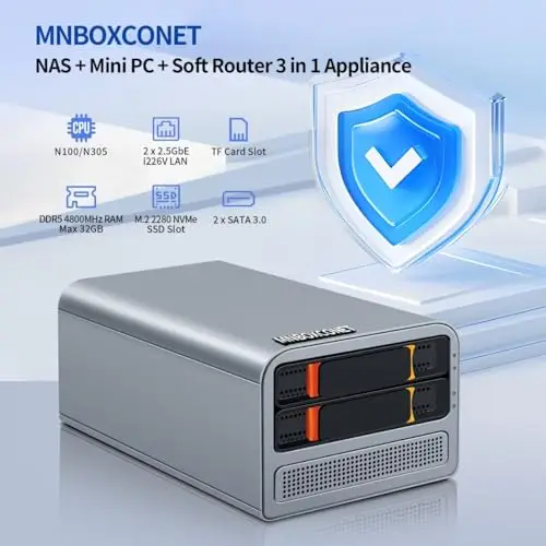 MNBOXCONET Mini PC NAS Server Quad-Core N100 2 alloggiamenti, 3 in 1 Memorizzazione adatta alla rete del computer (NAS) DDR5 8 GB di RAM 128 GB NVMe SSD,