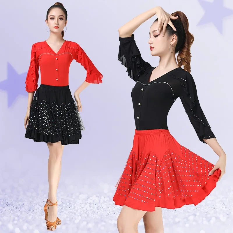 

Latin tops skirt modern ballroom beautiful diamond-encrusted latin dance dress women competition