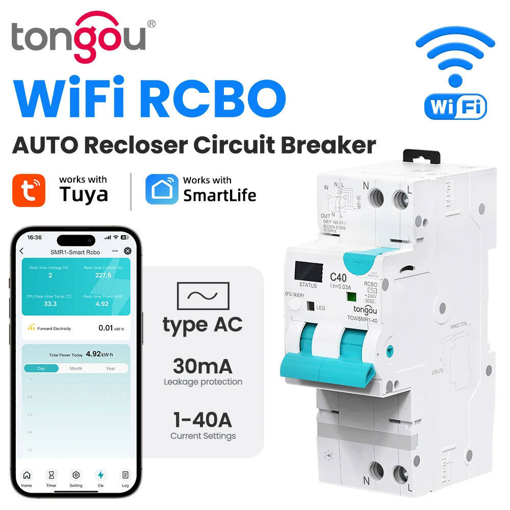 TUYA WIFI RCBO LED disyuntor inteligente ajustable disyuntor de corriente Residual con protección contra sobrecorriente y fugas