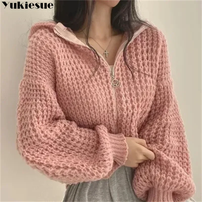 

Women Zipper Warm Hooded Coat 2023 Autumn Winter New Casual Knit Hollow Lantern Sleeve Polo Collar Overcoat Loose Causal Coat