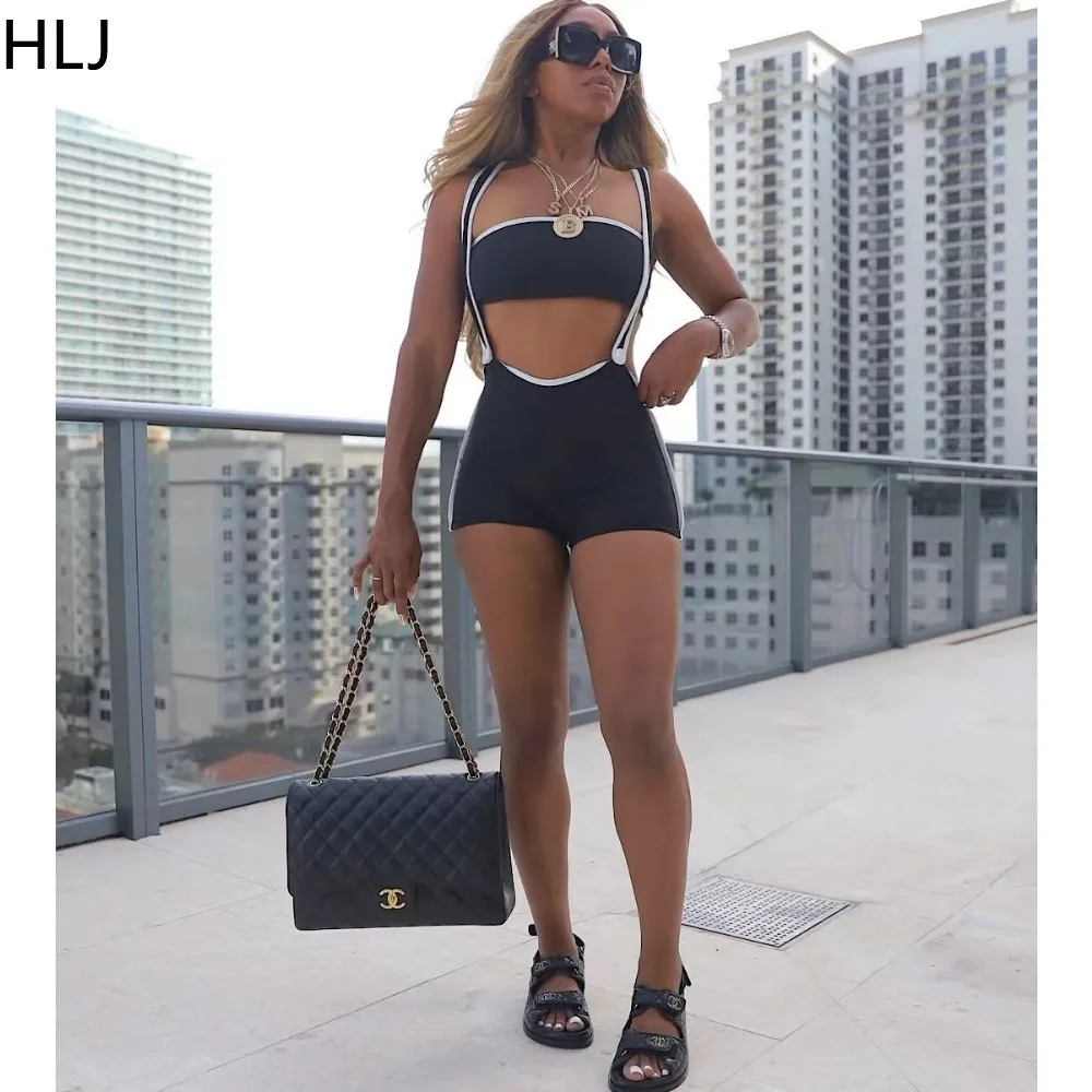 HLJ Summer New Solid Color Ribber Two Piece Sets Women Sleeveless Backless Slim Tube And Strap Shorts Outfits Odzież damska