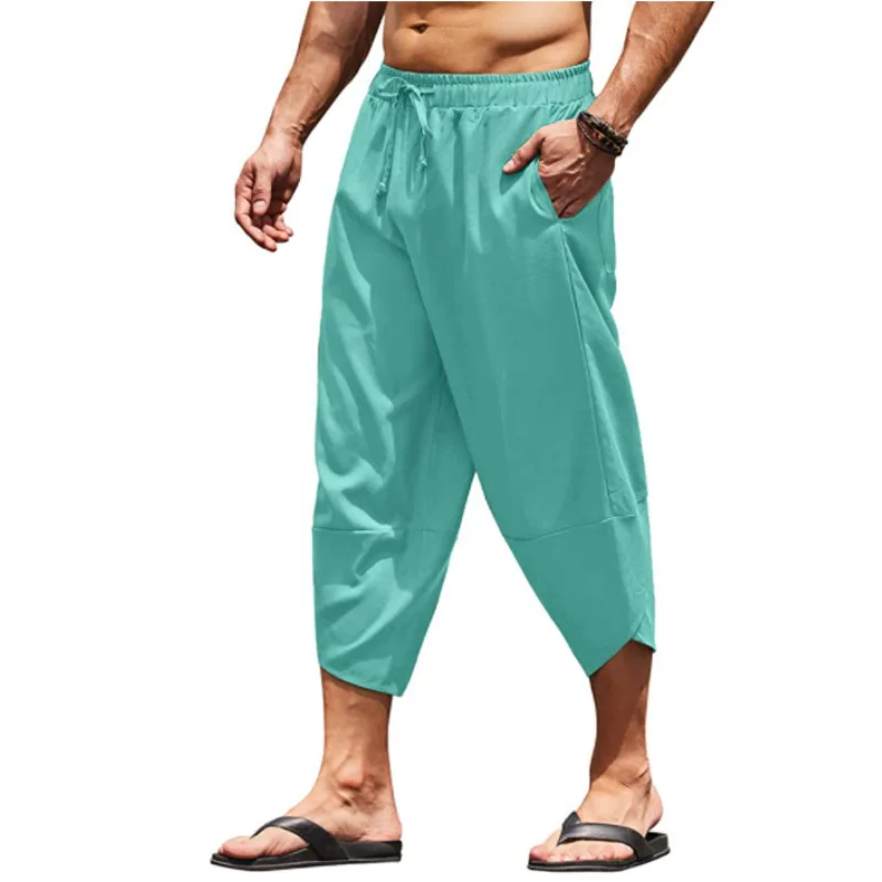 Pantalones cortos informales de algodón y lino para hombre, Capri holgado de Color sólido con cordón, novedad