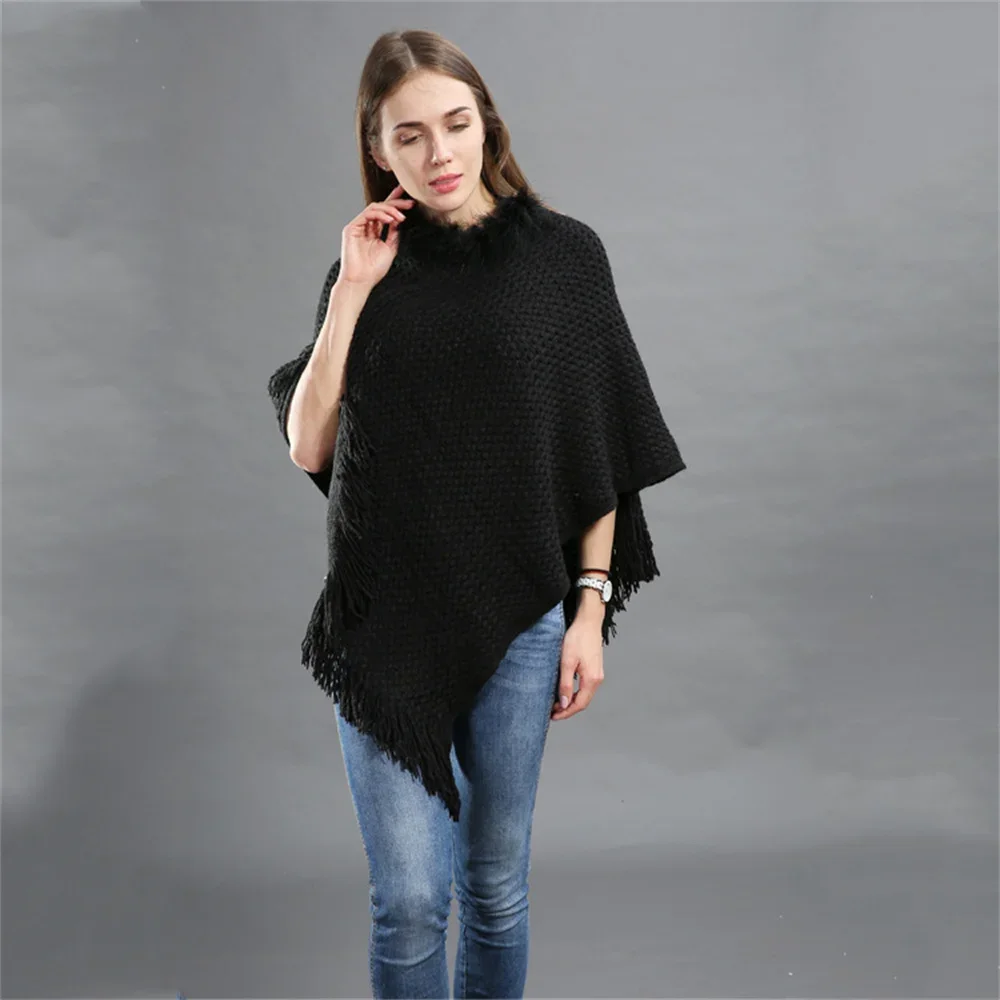 Autumn Winter Women Triangle Long Capes Poncho Tassel Knitwear Faux Fur O Neck Outstreet Pullover Loose Knitted Plaid Shawl
