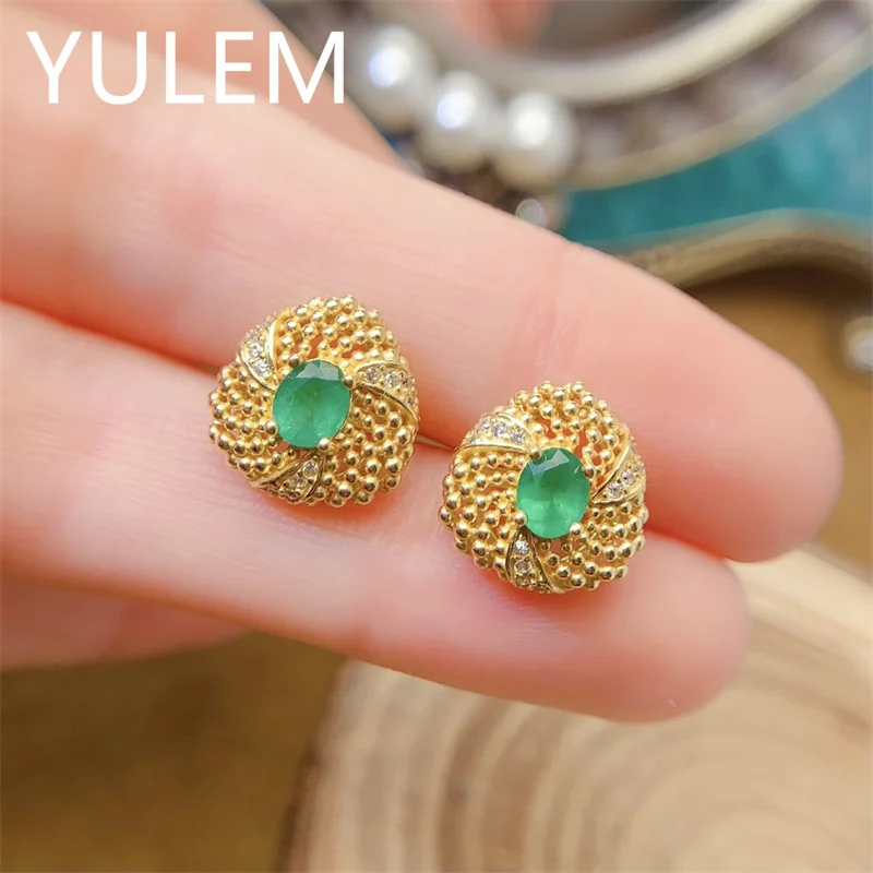 YULEM Jewelry Classic Emerald Stud Earring for Office Woman Silver Stud Earrings 925 Silver Emerald Jewelry