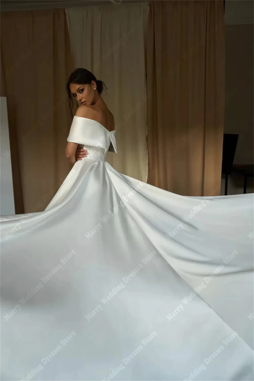Abiti da sposa eleganti personalizzati con pieghe da donna con spalle scoperte Abiti da sposa a-line in raso per abiti da festa formali Para Mujer