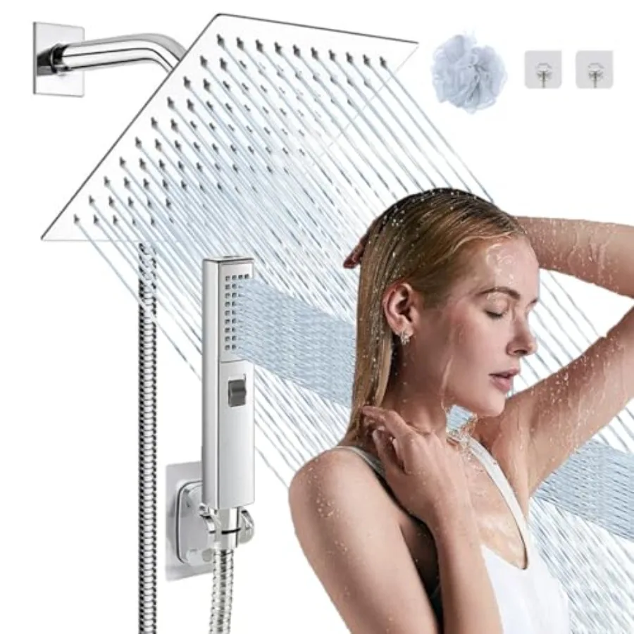

High Pressure Square Ra Shower Head and 2--1 Hand Shower.Equipped with 7"Hose 3 Way Diverter Valve Adhesive Shower Head Holder.