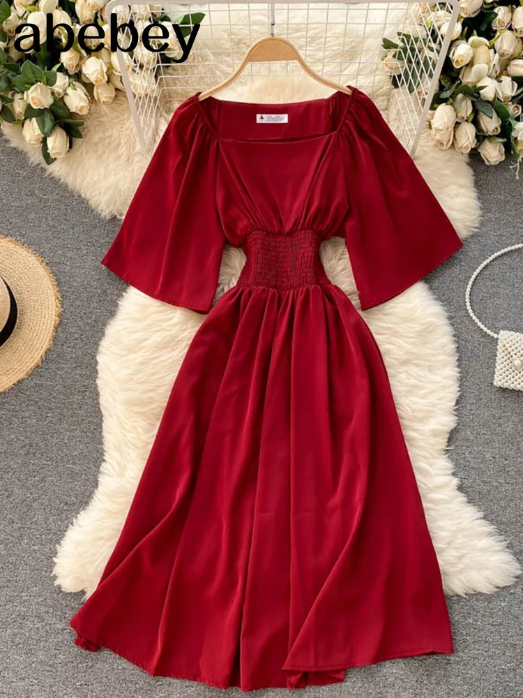 Korean Sweet Solid Women Square Collar Flying Sleeve Ruffle A-line Dresses Summer Boho  Chiffon Midi Dress