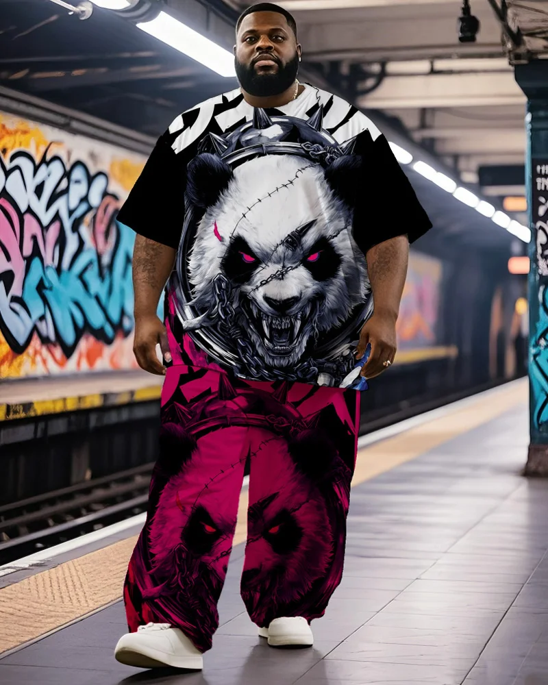 

S-9XL Men's Plus Size Ink Wash Panda Tee & Pants 2-Piece Chinese Streetwear Limited Drop