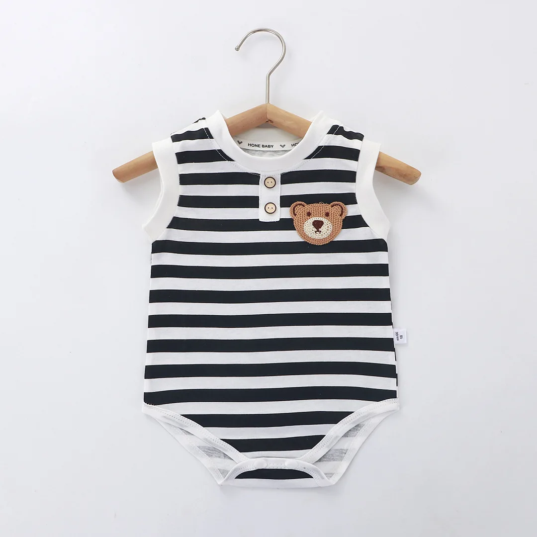 0-24M Summer Newborn Baby Sleeveless Bodysuit Cute Bear Pattern Stripe One Piece Clothes for Girls Boys Soft Infant Romper