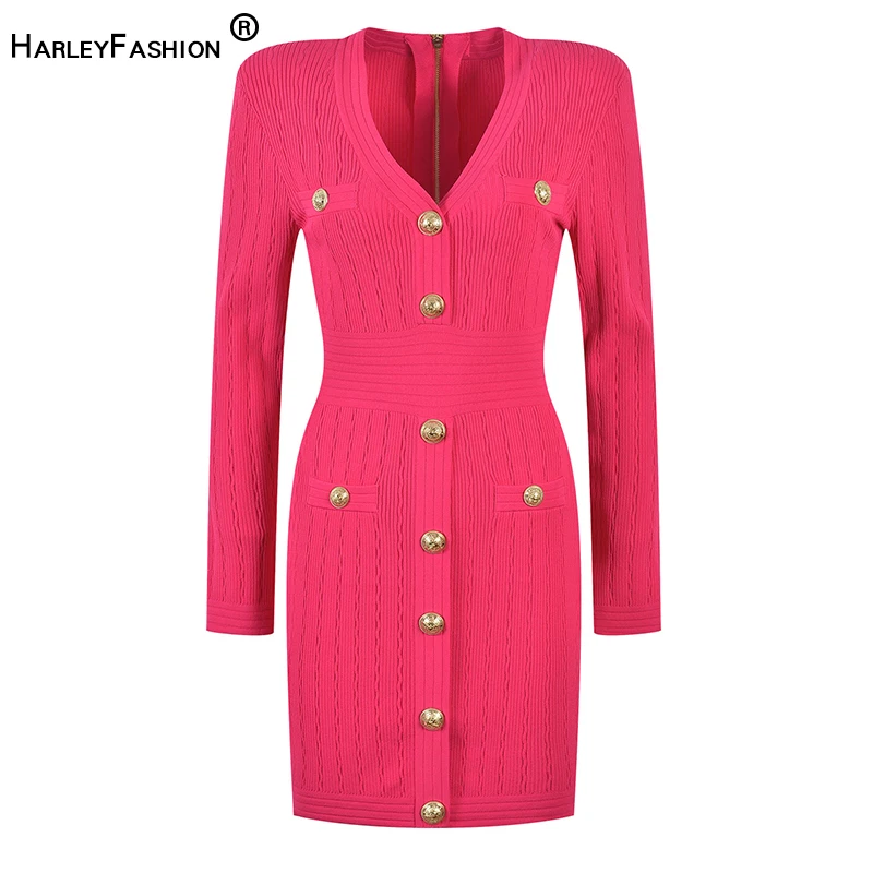 2023 Newest Fall Collection 4 Colors V-neck High Street Qulity Long Sleeve Elegant Slim Knitting Mini Dress