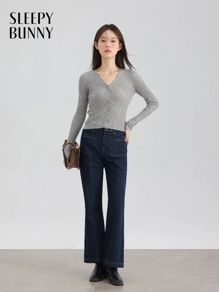 

Women V Neck Knit Cardigan Long Sleeve Rib Spring Cropped Slim Fit Stretch Base Layer Top for Lady Casual Versatile Inner Wear