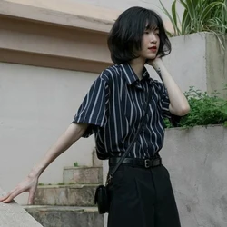 MEXZT Vintage Striped Blouses Women Summer Harajuku Short Sleeve Loose Shirts Office Lady Retro Elegant All Match Thin Coat Tops