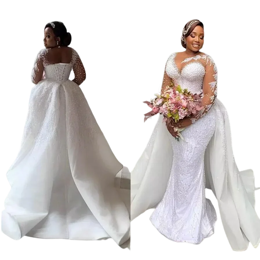 

Очаровательные свадебные платья русалки с тяжелым жемчугом по индивидуальному заказу и корсетом со съемным шлейфом на спине Африканские вечерние свадебные платья