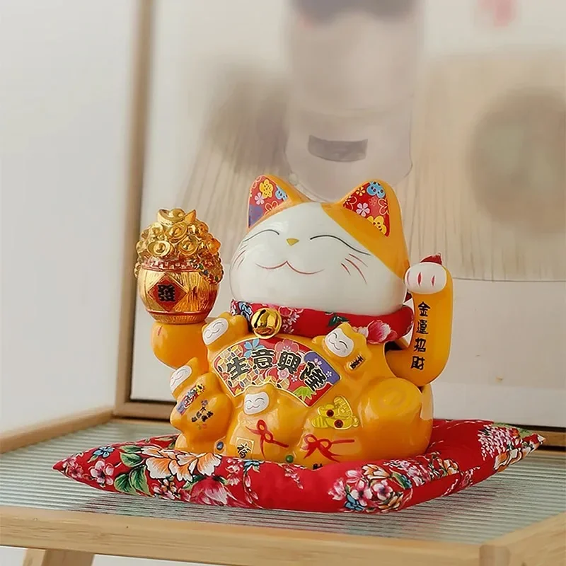 7 Inch Fortune Cat with Waving Arm Ceramic ManekI Neko Feng Shui Ornament Lucky Cat for Shops, Restaur