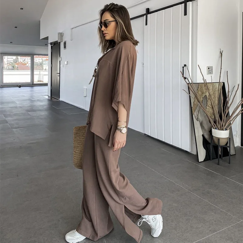 Fashion Casual Suit Three-quarter Sleeves V-neck Pullover High Waist Wide Leg Slit Trousers Two-piece Set For Women