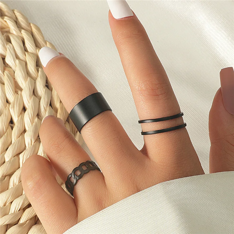 Fashion Women Ring Set Punk Cool Anillos Vintage Simple Black Cross Chain Joint Rings Sets Women Accessories Jewelry Gifts Party