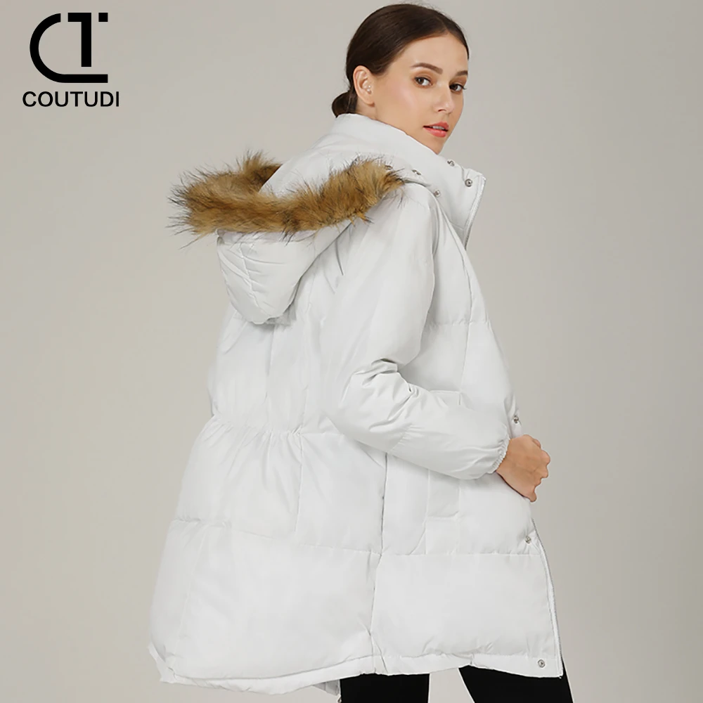 COUTUDI-Women\'s Winter Long Coats, Warm Down Cotton Jacket, Fur Collar, Hooded Parka, Overcoat, Korean Fashion Outwear, Female,