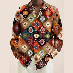 Vintage Ethnic Style Print Men's Shirts Casual Single-Breasted Blouses Long Sleeve Shirt Streetwear Lapel Tops Trend Men Clothes