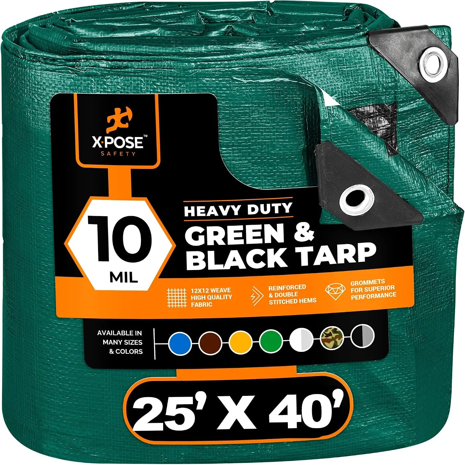 Heavy Duty Poly Tarp 25 Feet x 40 Feet 10 Mil Thick Waterproof, UV Blocking Protective Cover - Reversible Green and Black