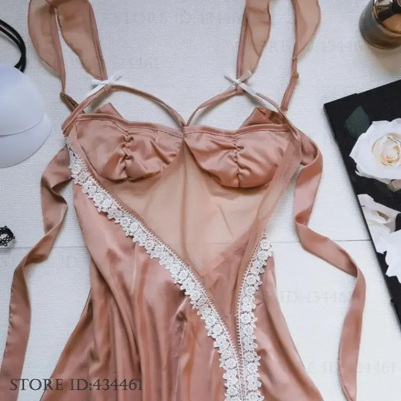 Female Nightgown SEXY Perspective Lace Spaghetti Strap Nightdress Intimate Lingerie Summer Satin Sleepwear Home Dressing Gown