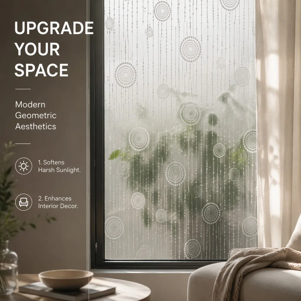 Privacy Window Film Self Adhesive Frosted Geometric UV Block Heat Control for Home Office Bathroom Glass Door