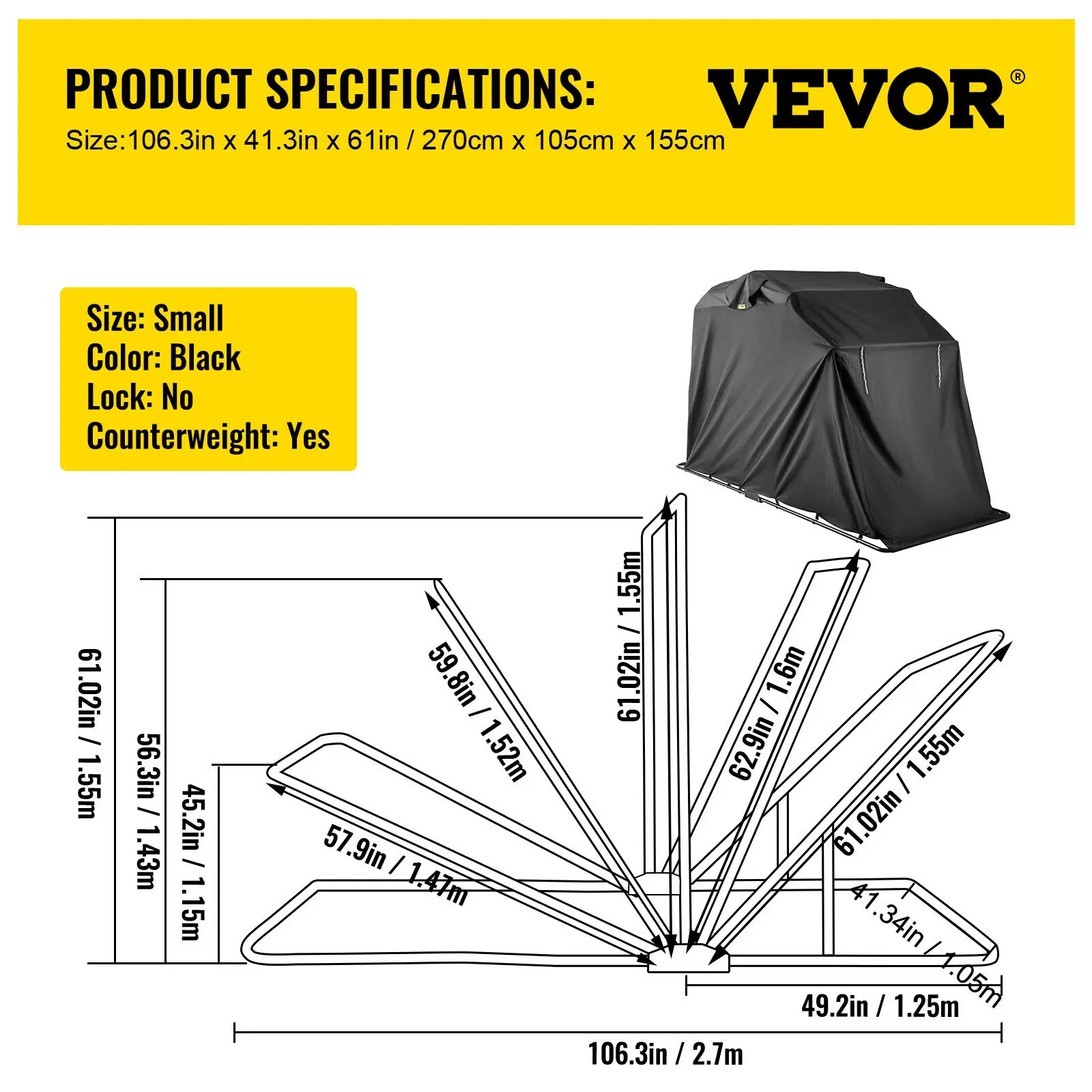 VEVOR Motorcycle Shelter Shed Cover Storage Garage Tent  Larger Motorbikes Sturdy Metal Frame Security Locking Permanently